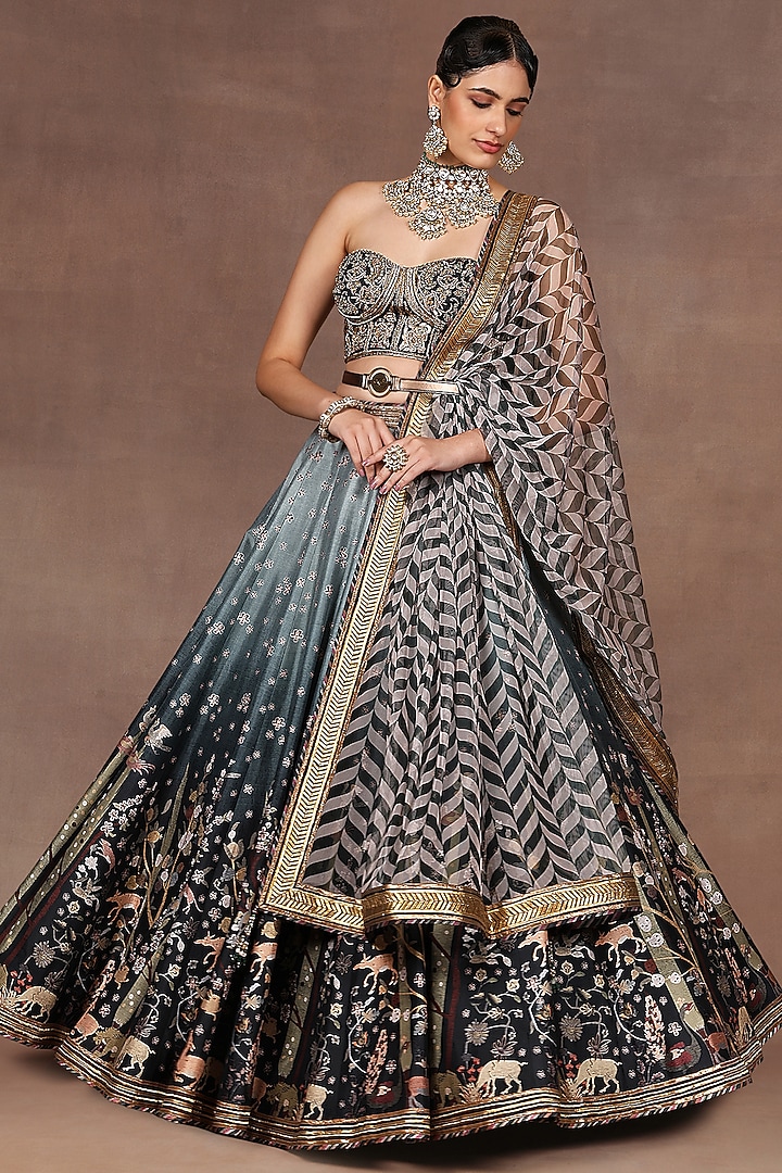 Sage & Emerald Green Ombre Silk Printed Bridal Lehenga Set by JJ Valaya at Pernia's Pop Up Shop