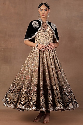 Beige & Green Ombre Cotton Silk Kora Embroidered Anarkali Set by JJ Valaya