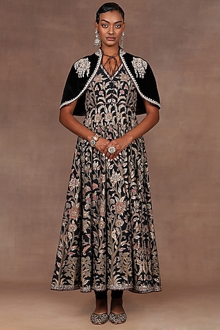 Black Cotton Silk Kora Embroidered Anarkali Set by JJ Valaya