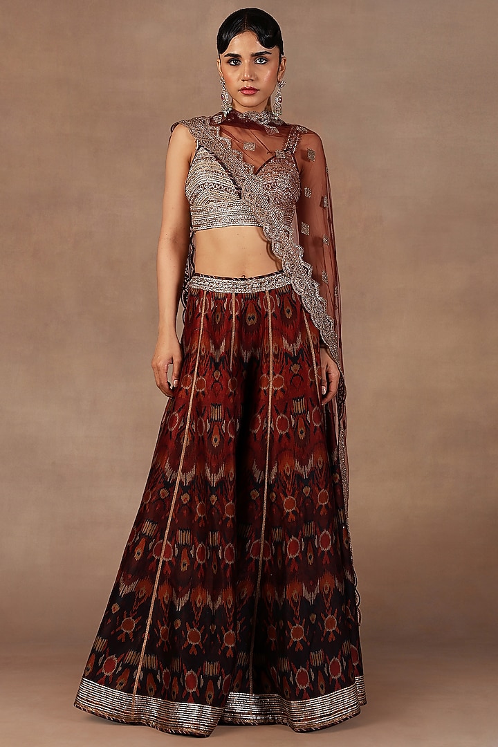Red & Burgundy Ombre Crepe Georgette Gota Embroidered Bridal Sharara Set by JJ Valaya at Pernia's Pop Up Shop