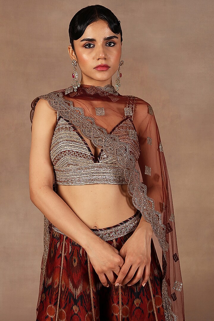 Red & Burgundy Ombre Crepe Georgette Gota Embroidered Bridal Sharara Set by JJ Valaya at Pernia's Pop Up Shop