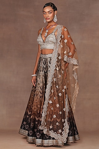Chocolate Brown Ombre Crepe Georgette Gota Embroidered Sharara Set by JJ Valaya