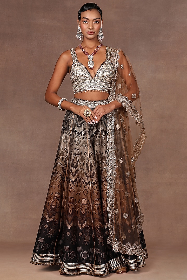 Chocolate Brown Ombre Crepe Georgette Gota Embroidered Bridal Sharara Set by JJ Valaya at Pernia's Pop Up Shop