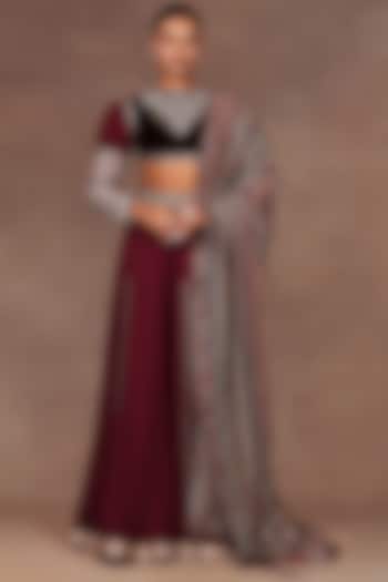 Burgundy Georgette Silk Sequins Embroidered Bridal Sharara Set by JJ Valaya at Pernia's Pop Up Shop