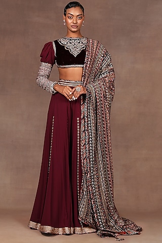 Burgundy Georgette Silk Sequins Embroidered Sharara Set by JJ Valaya