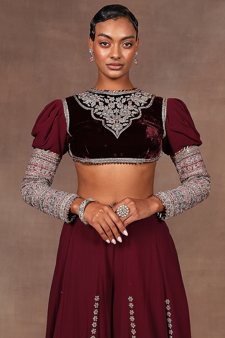 Burgundy Georgette Silk Sequins Embroidered Bridal Sharara Set by JJ Valaya at Pernia's Pop Up Shop