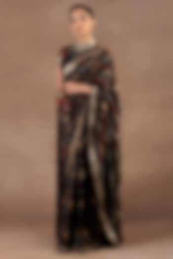 Black Silk Ikat Printed & Embroidered Reception Saree Set by JJ Valaya at Pernia's Pop Up Shop