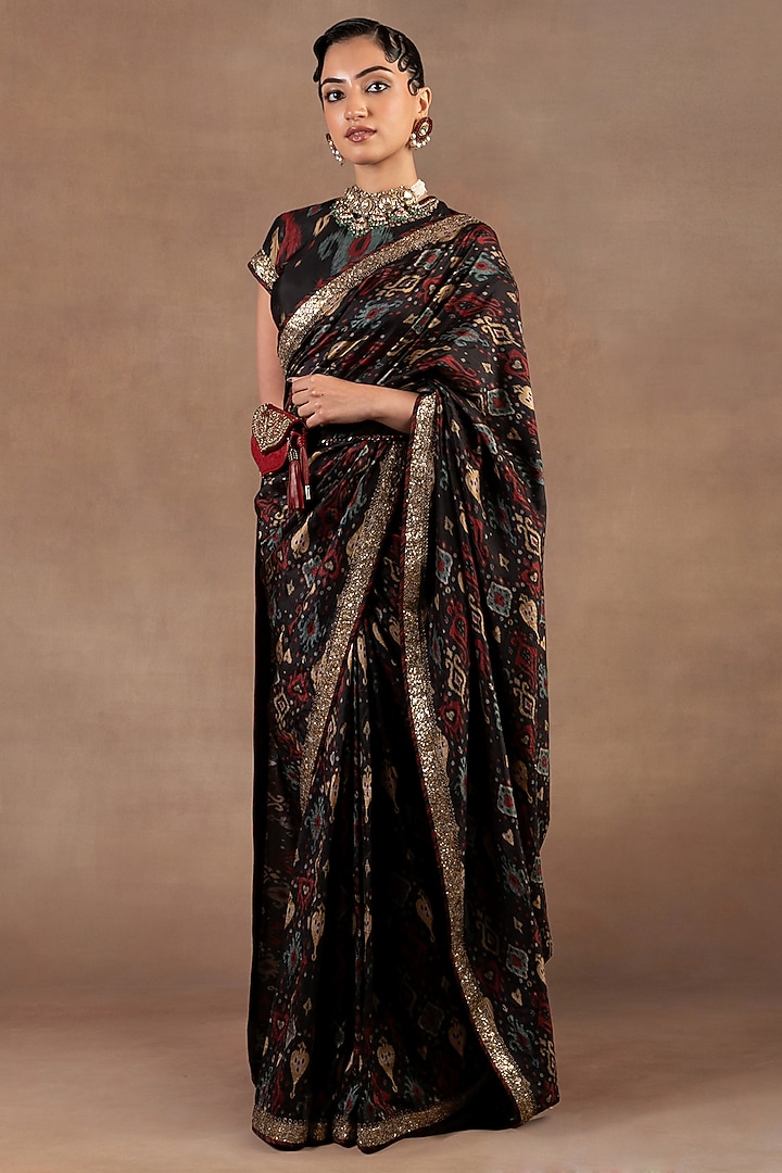 Black Silk Ikat Printed & Embroidered Reception Saree Set by JJ Valaya at Pernia's Pop Up Shop