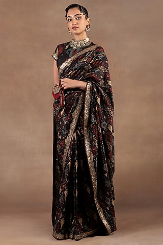 Black Silk Ikat Printed & Embroidered Saree Set by JJ Valaya
