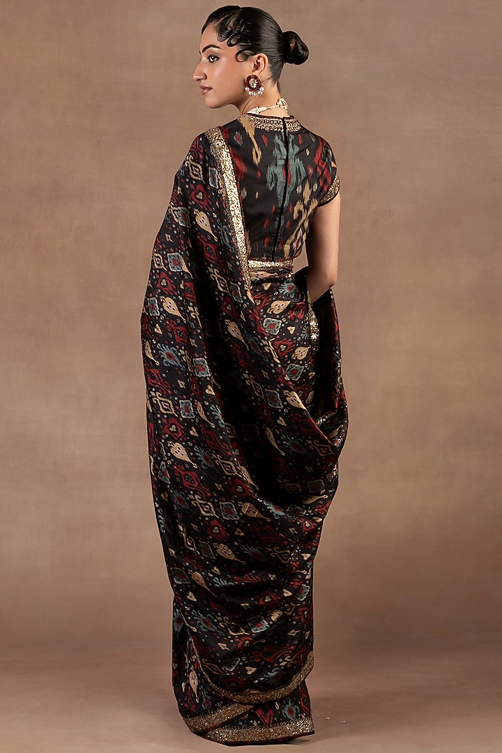 Black Silk Ikat Printed & Embroidered Reception Saree Set by JJ Valaya at Pernia's Pop Up Shop