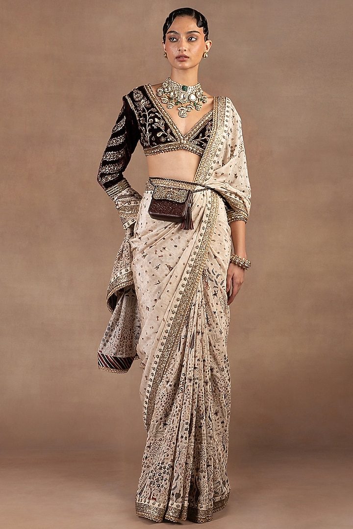 Ivory Silk Printed & Sequins Embroidered Bridal Saree Set by JJ Valaya at Pernia's Pop Up Shop