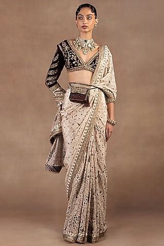 Ivory Silk Printed & Sequins Embroidered Saree Set by JJ Valaya