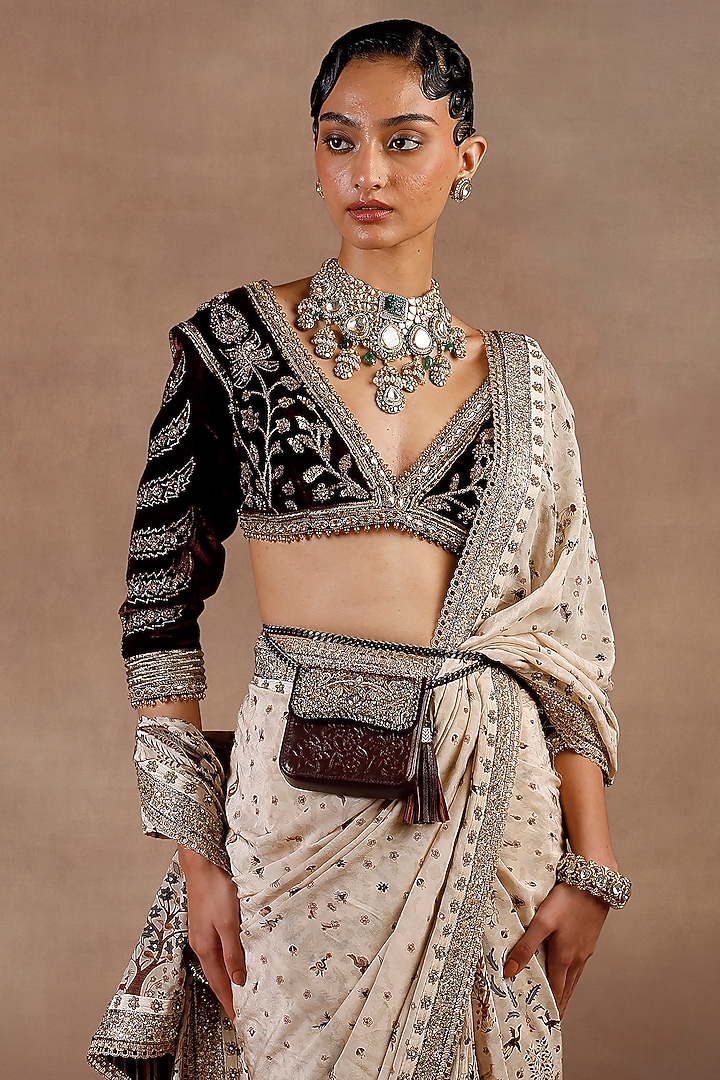 Ivory Silk Printed & Sequins Embroidered Bridal Saree Set by JJ Valaya at Pernia's Pop Up Shop