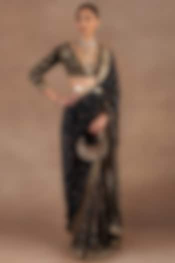 Midnight Blue Silk Printed & Sequins Embroidered Bridal Saree Set by JJ Valaya at Pernia's Pop Up Shop