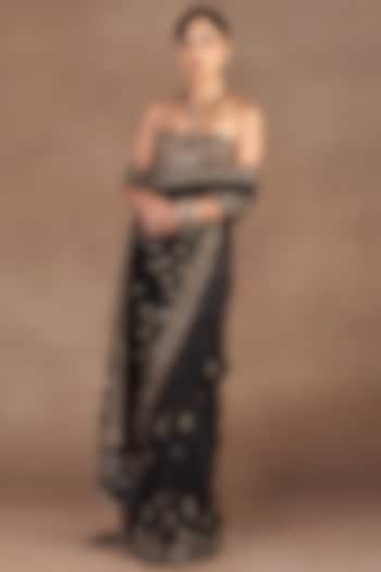 Black Silk Georgette Chevron Embroidered Bridal Saree Set by JJ Valaya at Pernia's Pop Up Shop