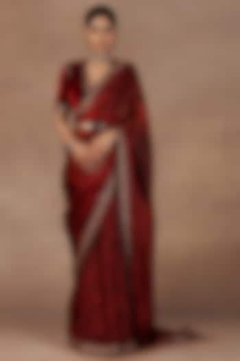 Red Satin Organza Jamwar Printed Reception Saree Set by JJ Valaya at Pernia's Pop Up Shop