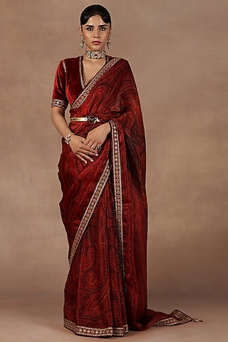 Red Satin Organza Jamwar Printed Saree Set by JJ Valaya