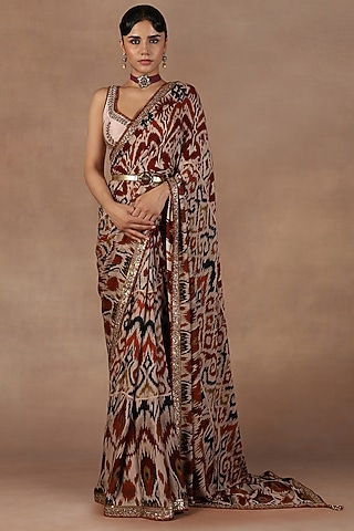 Taupe Silk Sequins Work Saree Set by Jj Valaya
