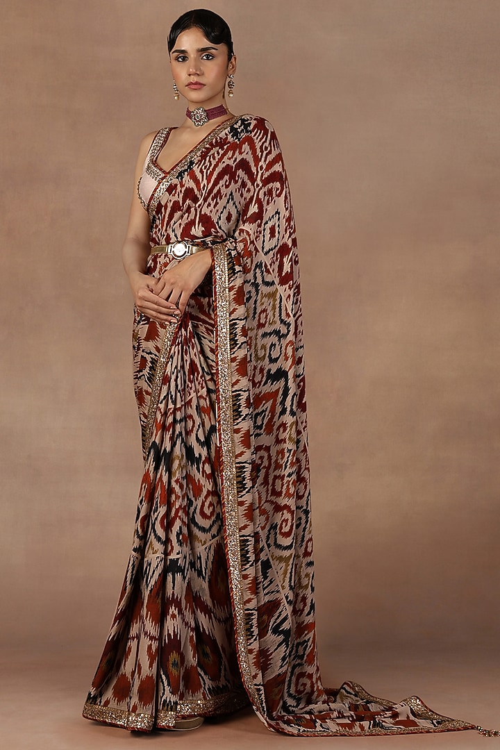 Taupe Silk Sequins Work Reception Saree Set by Jj Valaya at Pernia's Pop Up Shop