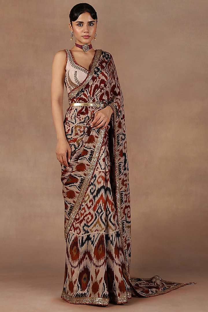 Taupe Silk Sequins Work Reception Saree Set by Jj Valaya at Pernia's Pop Up Shop