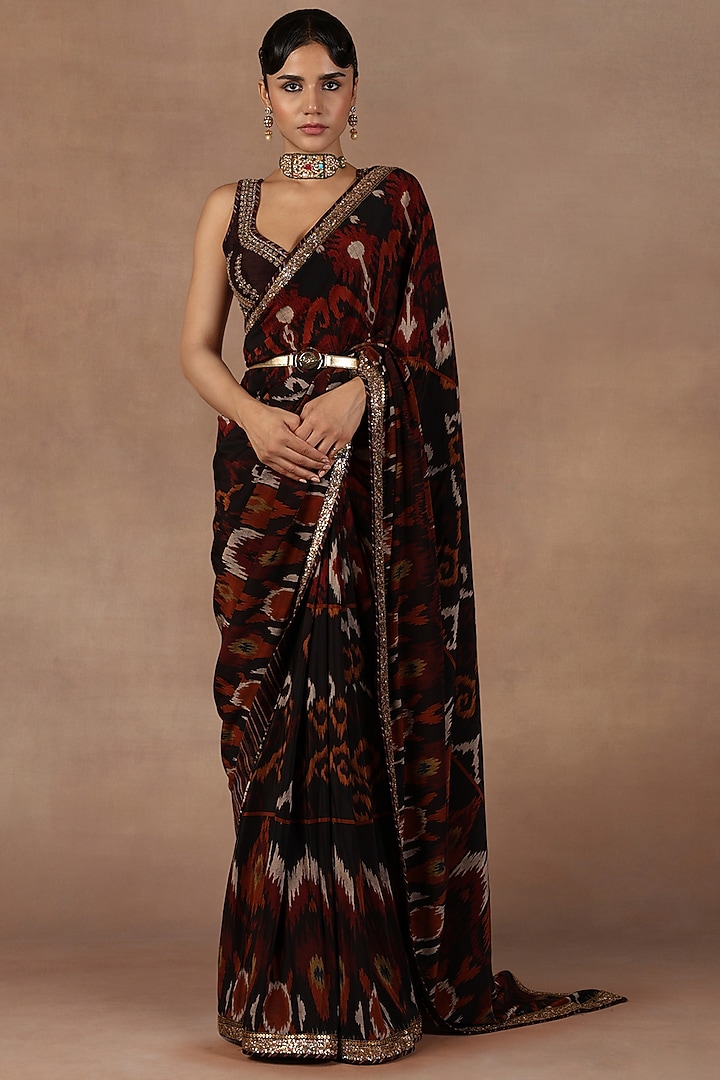 Deep Burgundy Silk Metallic Embroidered Ikat Reception Saree Set by Jj Valaya at Pernia's Pop Up Shop