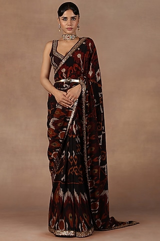 Deep Burgundy Silk Metallic Embroidered Ikat Saree Set by Jj Valaya