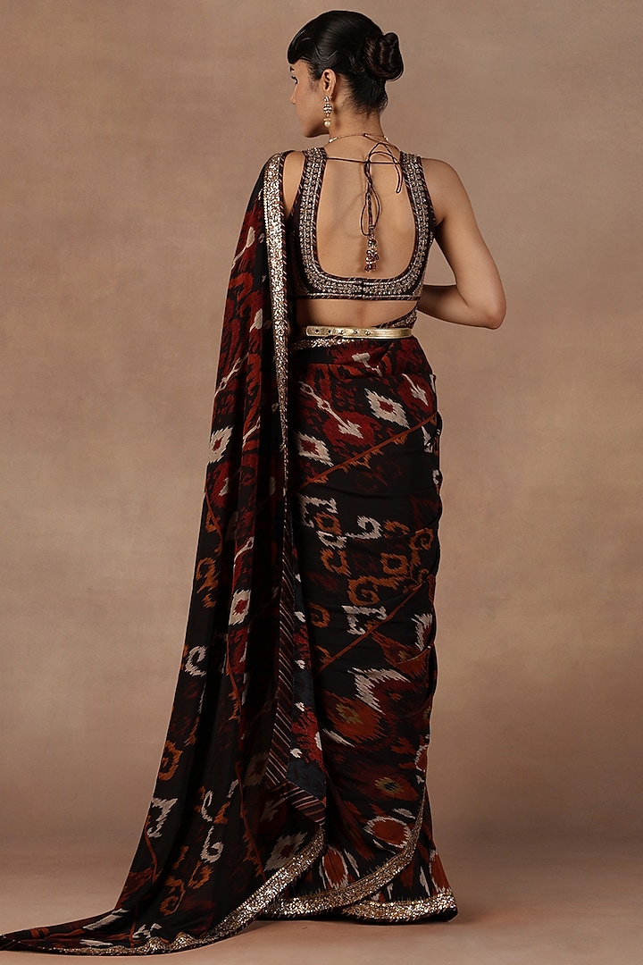 Deep Burgundy Silk Metallic Embroidered Ikat Reception Saree Set by Jj Valaya at Pernia's Pop Up Shop