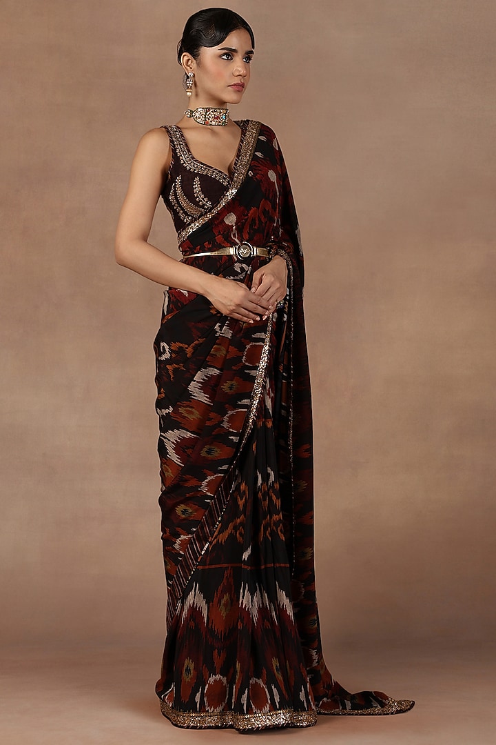 Deep Burgundy Silk Metallic Embroidered Ikat Reception Saree Set by Jj Valaya at Pernia's Pop Up Shop