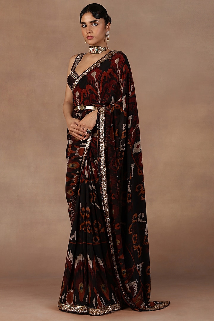 Deep Burgundy Silk Metallic Embroidered Ikat Reception Saree Set by Jj Valaya at Pernia's Pop Up Shop