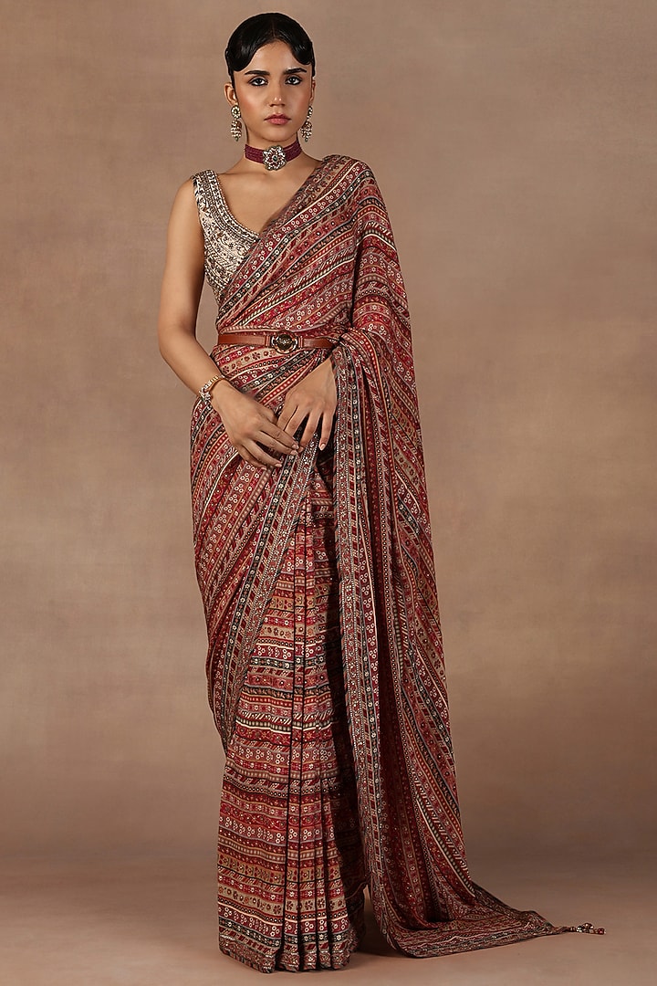 Pink Crepe Georgette Stripe Printed & Sequins Work Bridal Saree Set by Jj Valaya at Pernia's Pop Up Shop