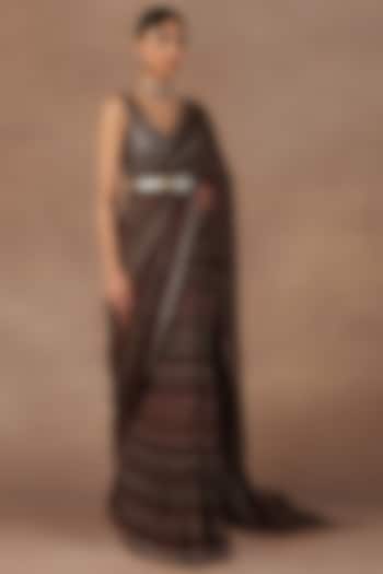 Black Crepe Georgette Stripe Printed & Sequins Work Bridal Saree Set by Jj Valaya at Pernia's Pop Up Shop