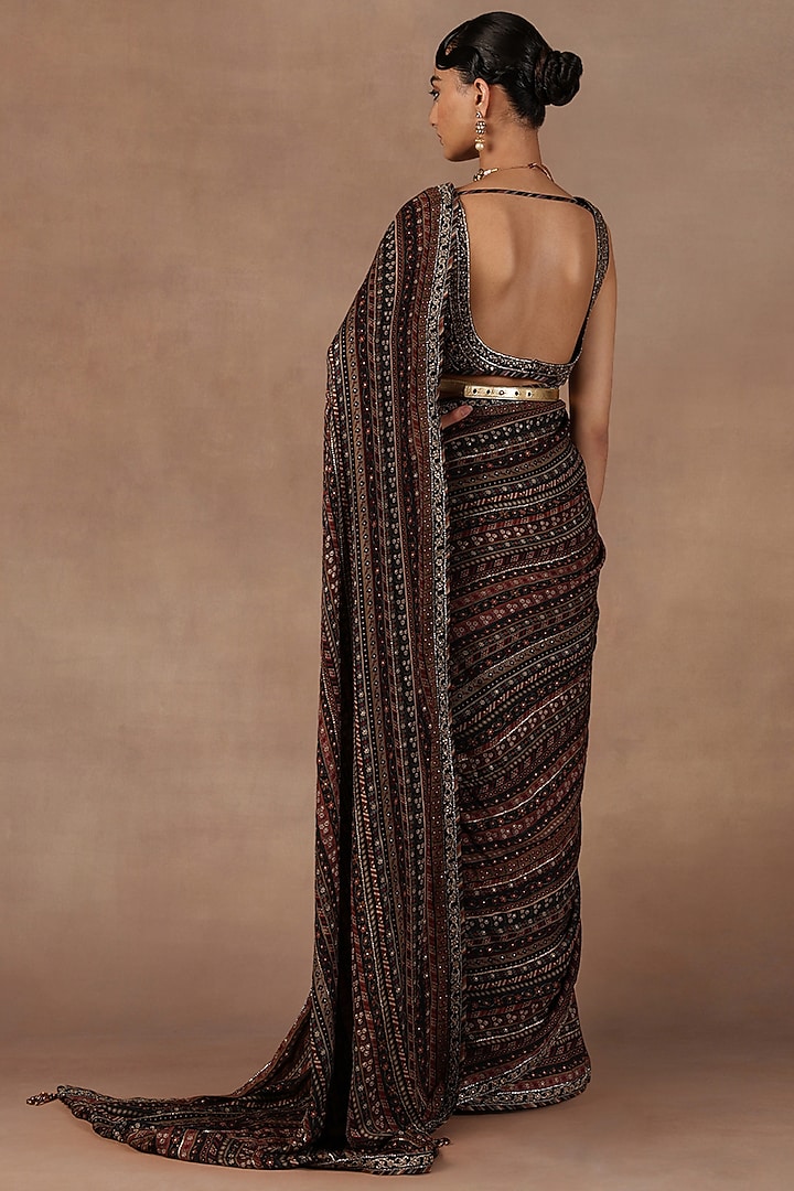 Black Crepe Georgette Stripe Printed & Sequins Work Bridal Saree Set by Jj Valaya at Pernia's Pop Up Shop