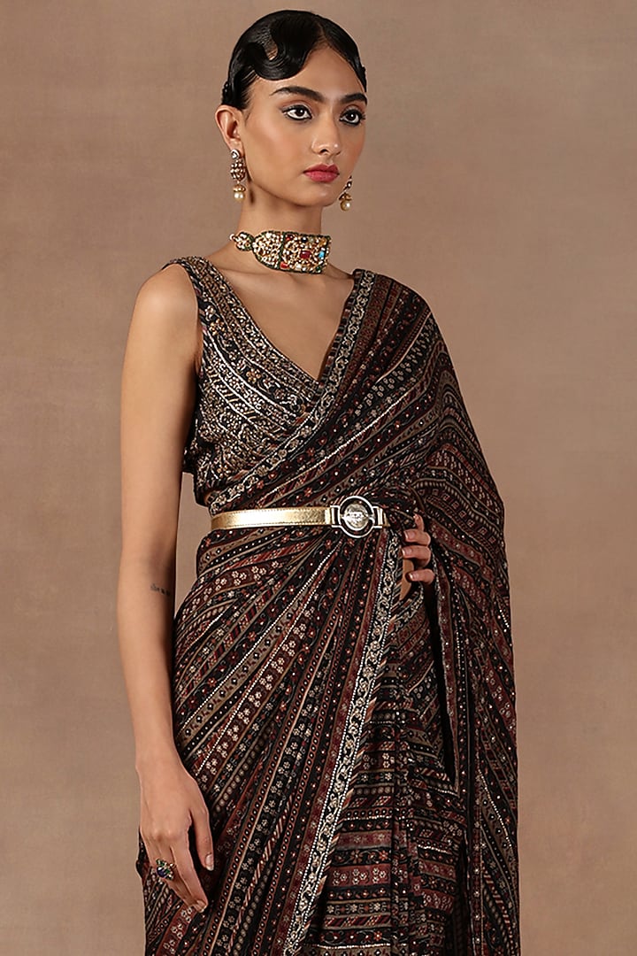 Black Crepe Georgette Stripe Printed & Sequins Work Bridal Saree Set by Jj Valaya at Pernia's Pop Up Shop