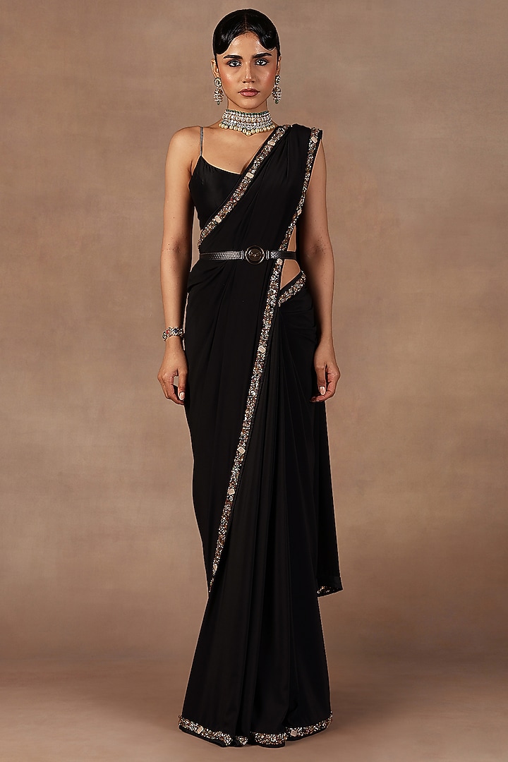 Black Silk Bead & Crystal Work Reception Saree Set by Jj Valaya at Pernia's Pop Up Shop