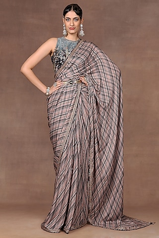 Multi-Colored Georgette Printed & Embroidered Saree Set by Jj Valaya