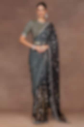 Emerald Green Ombre Georgette Printed & Embroidered Reception Saree Set by Jj Valaya at Pernia's Pop Up Shop