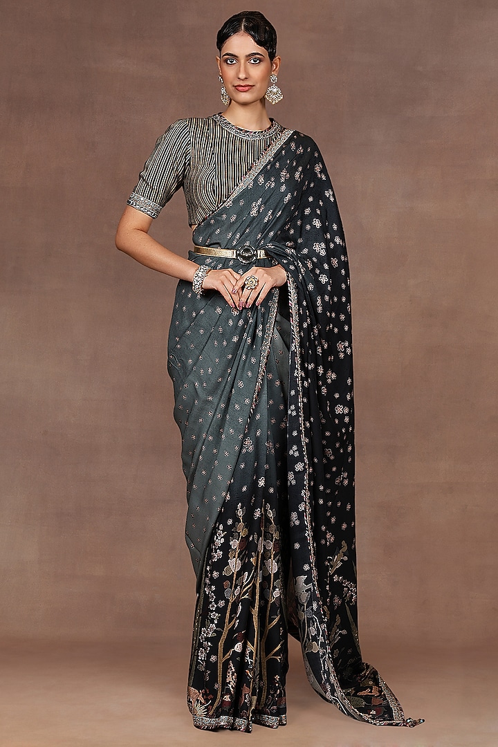 Emerald Green Ombre Georgette Printed & Embroidered Reception Saree Set by Jj Valaya at Pernia's Pop Up Shop
