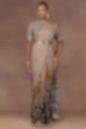 Walnut Brown Ombre Georgette Printed & Embroidered Reception Saree Set by Jj Valaya at Pernia's Pop Up Shop