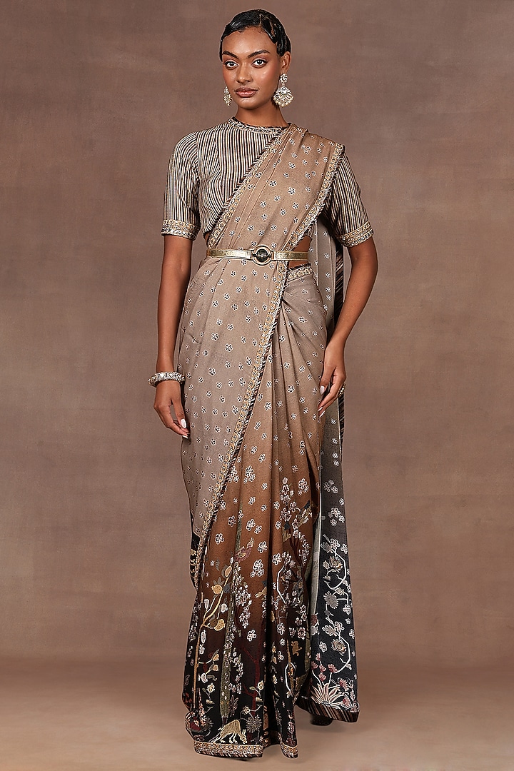 Walnut Brown Ombre Georgette Printed & Embroidered Reception Saree Set by Jj Valaya at Pernia's Pop Up Shop