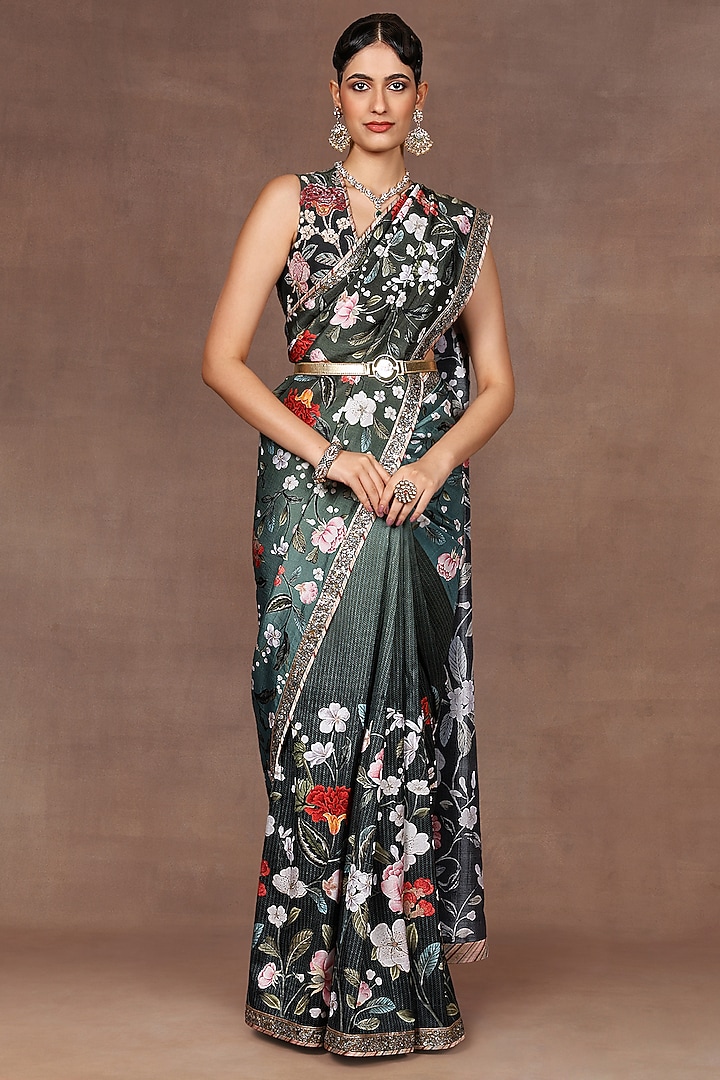Turquoise & Green Ombre Silk Floral Printed Reception Saree Set by Jj Valaya at Pernia's Pop Up Shop