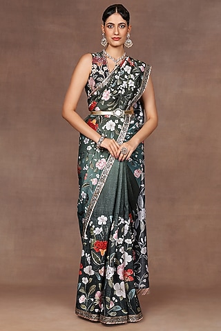 Turquoise & Green Ombre Silk Floral Printed Saree Set by Jj Valaya