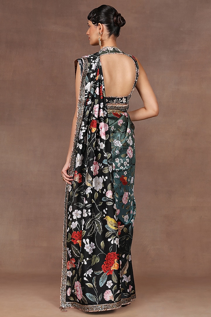 Turquoise & Green Ombre Silk Floral Printed Reception Saree Set by Jj Valaya at Pernia's Pop Up Shop