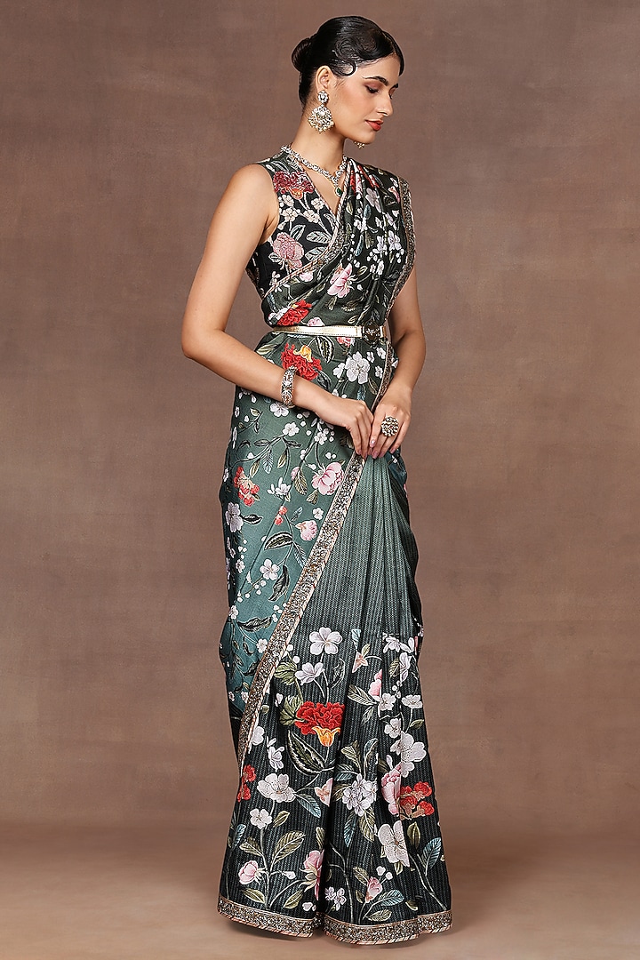 Turquoise & Green Ombre Silk Floral Printed Reception Saree Set by Jj Valaya at Pernia's Pop Up Shop