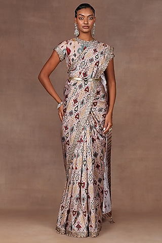 Blush Pink & Taupe Silk Ikat Printed Saree Set by Jj Valaya