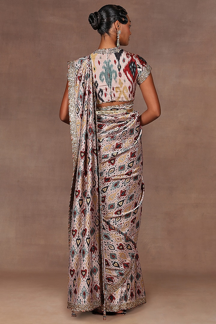 Blush Pink & Taupe Silk Ikat Printed Reception Saree Set by Jj Valaya at Pernia's Pop Up Shop