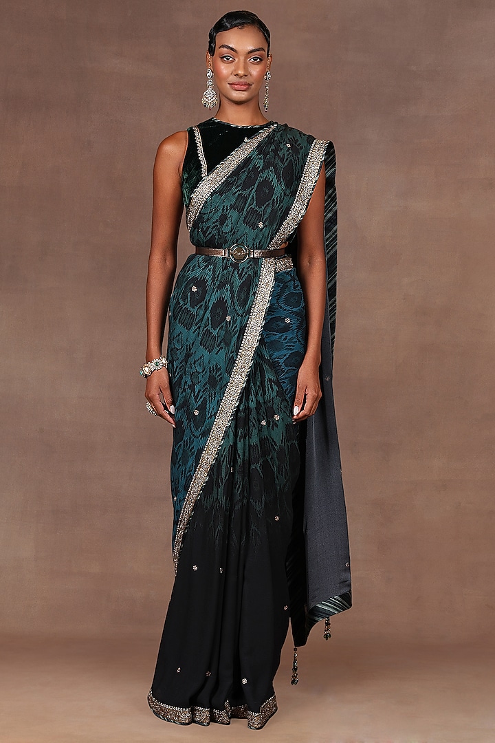 Pine Green Silk Sequins Embroidered Bridal Saree Set by Jj Valaya at Pernia's Pop Up Shop