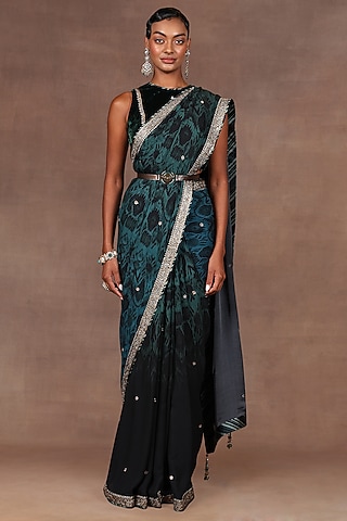 Pine Green Silk Sequins Embroidered Saree Set by Jj Valaya