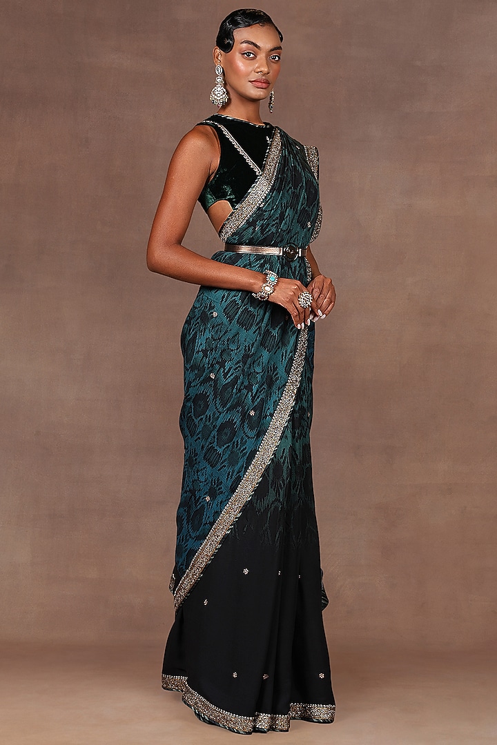 Pine Green Silk Sequins Embroidered Bridal Saree Set by Jj Valaya at Pernia's Pop Up Shop