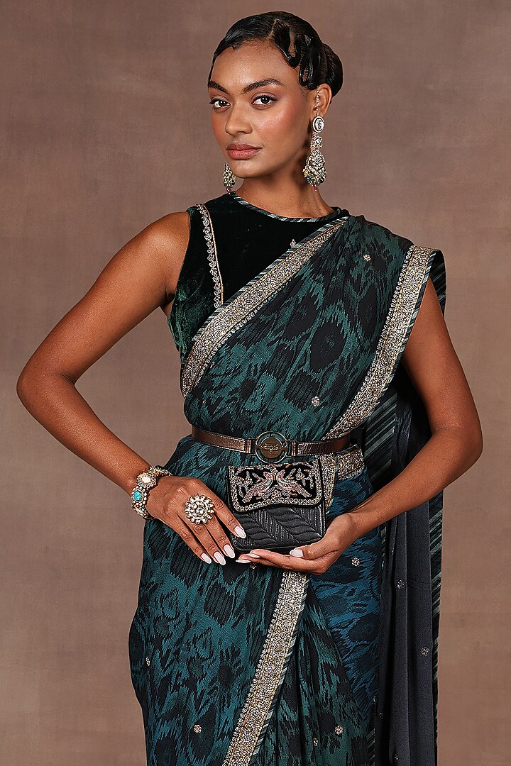 Pine Green Silk Sequins Embroidered Bridal Saree Set by Jj Valaya at Pernia's Pop Up Shop