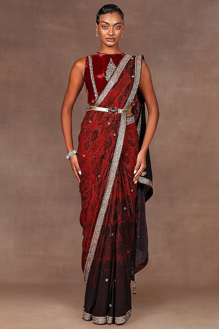 Ruby Red Silk Sequins Embroidered Bridal Saree Set by Jj Valaya at Pernia's Pop Up Shop